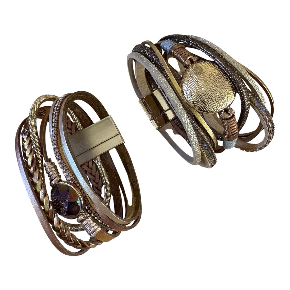 TWO Wrap Bracelet Stacked Leather Stone Magnetic Clasp Layered 7"